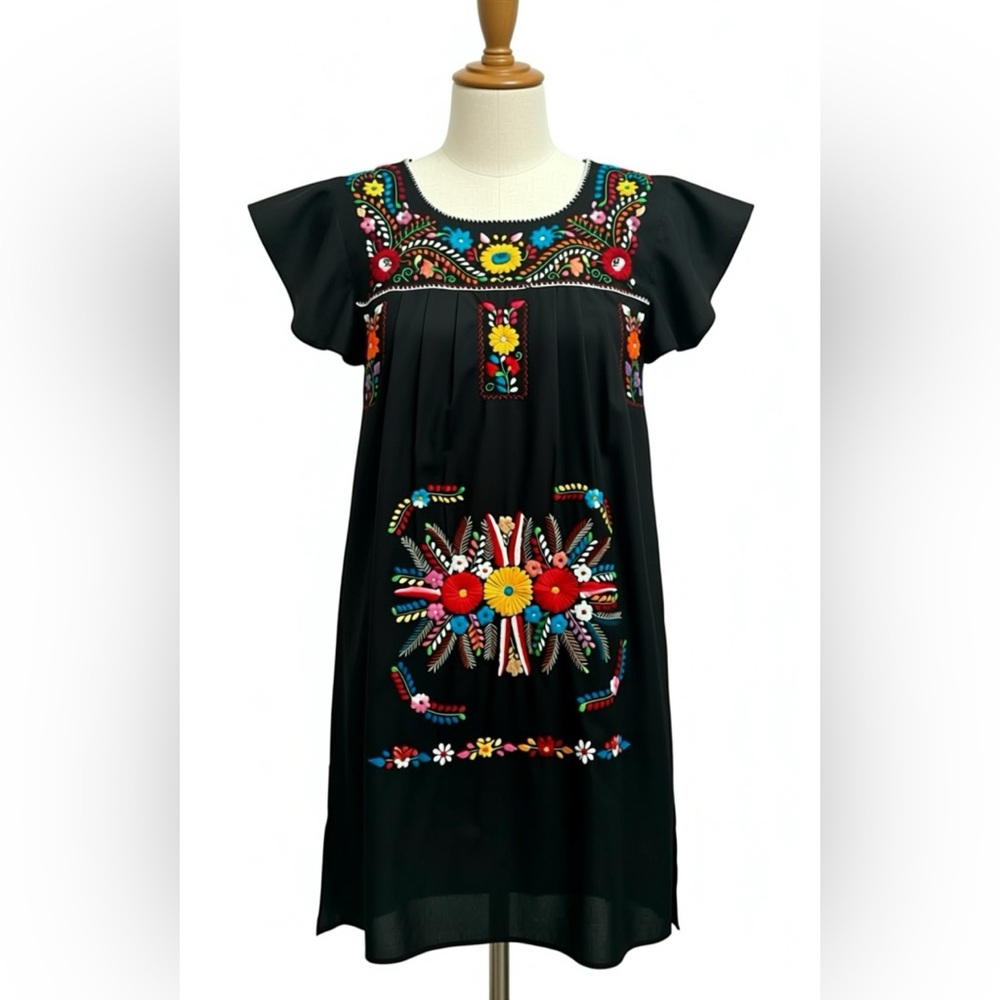 🪭🪭Colorful Embroidered Mexican/ Puebla/ BOHO Peasant Dress Womens🪭🪭‎